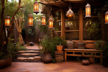 A beautiful cozy summer terrace with lanterns.