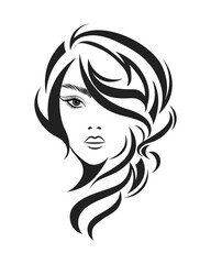 Portrait of a beautiful woman with long hair. Black and white silhouette. Beauty logo. Fashion and beauty concept. Vector
