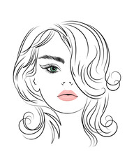 Portrait of a beautiful woman with long hair. Black and white silhouette. Beauty logo. Fashion and beauty concept. Vector