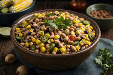 A bowl of dried black-eyed pea salad enriched with garnish