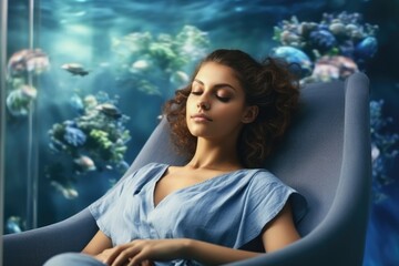 woman eclines in a serene, ocean themed spa, her peaceful repose complemented by the ambient blue hues of the underwater world behind her