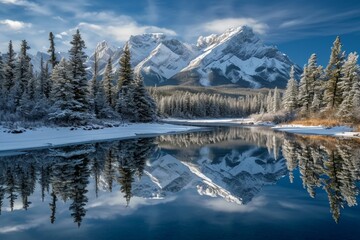 Fototapeta na wymiar Almost nearly perfect reflection of the Rocky mountains in the Bow River. Near Canmore, Alberta Canada. Winter season is coming. Bear country. Beautiful landscape background concept
