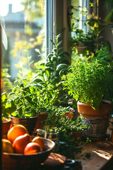 greens in flowerpots in the kitchen. Selective focus.