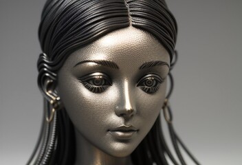 Full size 3D sculpture of a mysterious woman made of metal and colored wire.