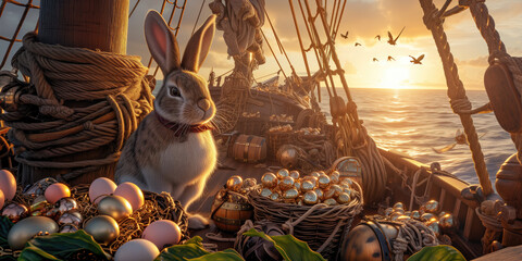 easter bunny and eggs on a pirate ship
