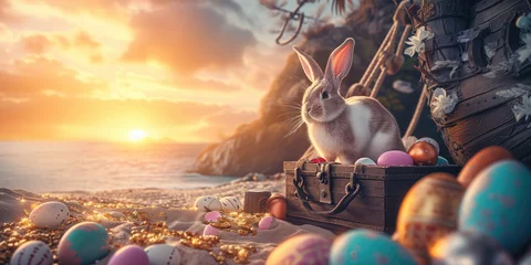 Tuinposter Easter Bunny on treasure chest on a beach © Joachim