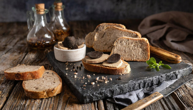 Toast de foie gras de canard fermier et morceaux de truffes noire, sur du pain de campagne,  terroir - IA g&eacute;n&eacute;rative