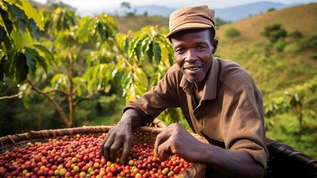 Portrait of smiling African-American man picking coffee berries at coffee plantation. AI.