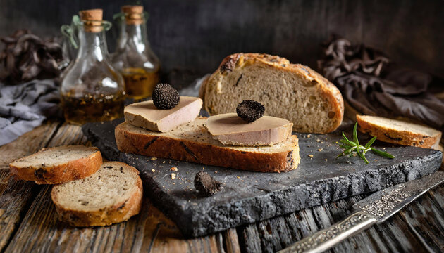 Toast de foie gras de canard fermier et morceaux de truffes noire, sur du pain de campagne,  terroir - IA g&eacute;n&eacute;rative