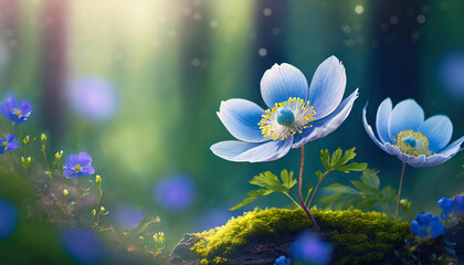 Obraz na płótnie Canvas Kwiaty wiosenne w lesie, pastelowe płatki, kwitnący zawilec