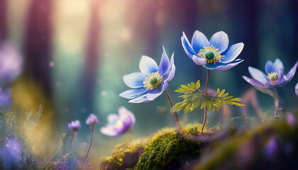 Kwiaty wiosenne w lesie, pastelowe płatki, kwitnący zawilec