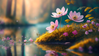 Kwiaty wiosenne w lesie, pastelowe płatki, kwitnący zawilec