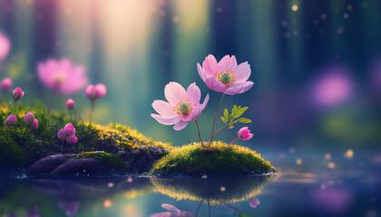 Obraz na płótnie Canvas Kwiaty wiosenne w lesie, pastelowe płatki, kwitnący zawilec