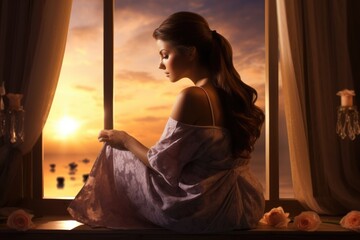 Obraz premium woman posing at a window at a breathtaking sunset, surrounded by the romantic ambiance of a luxuriously appointed room