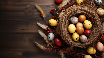 eggs in nest. top view of chocolate easter eggs in nest with candy and copy space. Dark background