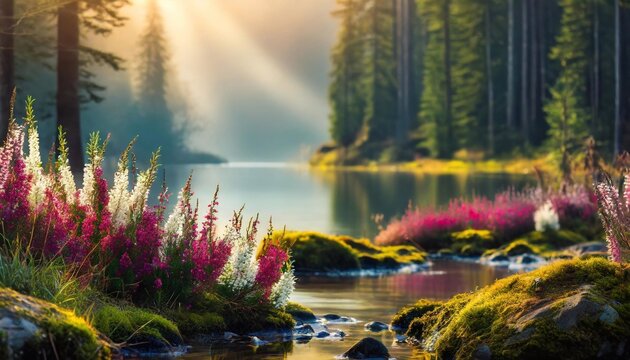 R&oacute;żowe wrzosy w jesiennym lesie w g&oacute;rach, krajobraz