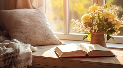 "Sunlit reading nook: A book placed on a tranquil window sill, inviting you to a cozy corner filled with sunlight