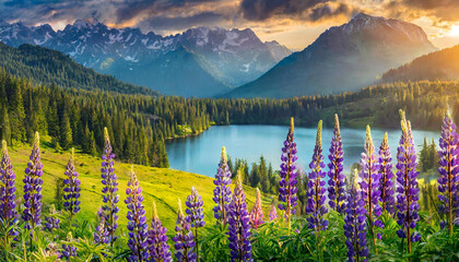 Fioletowy łubin nad jeziorem w górach, krajobraz 