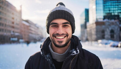 smiling man in knitted hat stands in snowy scene, winter joy and beauty 