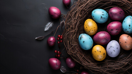 eggs in nest. top view of chocolate easter eggs in nest with candy and copy space. Dark background
