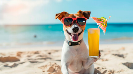 A dog drinks a cocktail on the beach wearing sunglasses. Selective focus. - obrazy, fototapety, plakaty