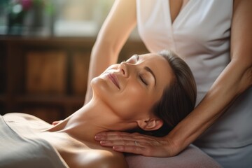 middle aged woman enjoys a professional neck massage, her expression one of complete relaxation in a serene spa environment