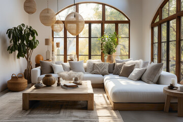 The harmonious blend of textures and elements creates an inviting and stylish boho home interior design.