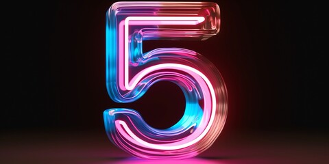 3d render, number five glowing in the dark, pink blue neon light, concept of 5 birthday.