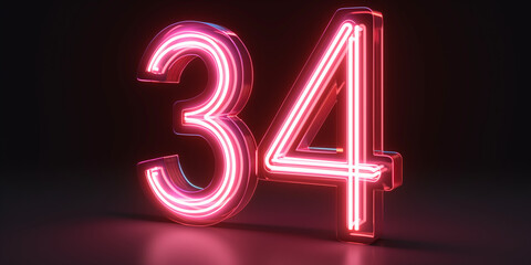 3d render, number thirty four glowing in the dark, pink blue neon light, concept of 34 birthday.