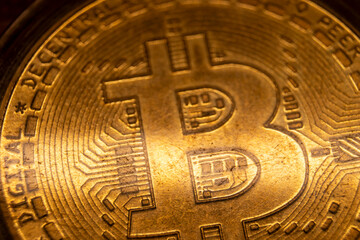 Closeup bitcoin. Gold coin. Finance concept