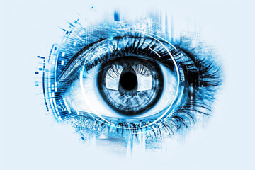 Art style Illustration of technologyc eye over blue background