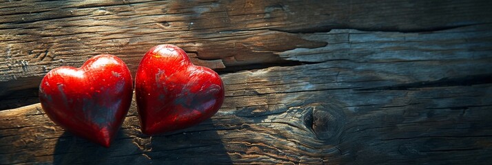 Two tough red hearts on rural wooden background, panorama banner with copy space.