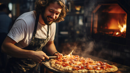 Young baker taking the hot pizza out of the stove. pizza in the restaurant, cafe in the oven. People worker professionals. Food business