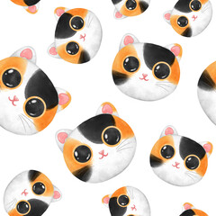 Funny Calico cat animal. Cartoon cat characters seamless pattern. watercolor isolated illustration Clipart