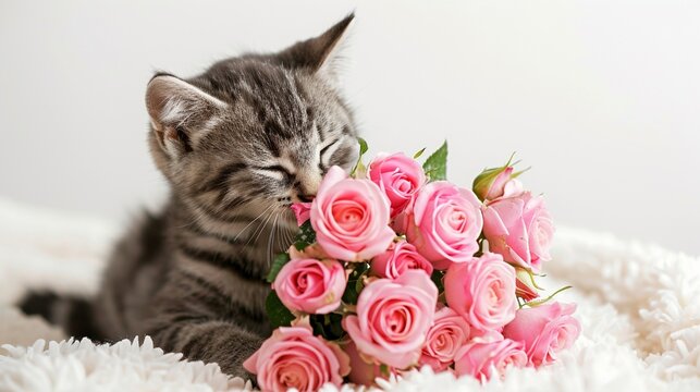 Cute kitty sniffs a bouquet of pink rose flowers isolated on white, concept of valentine's gift, cat lover.