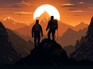 Illustration of silhouettes of two climbers reaching the top. Standing on top of a mountain in the silhouette of a sunset. AI generated.
