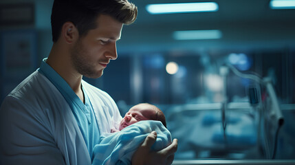 Health care concept. Doctor holding newborn infant baby in hospital. Generated AI
