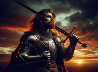 Fototapeta premium King warrior with sword on sunset