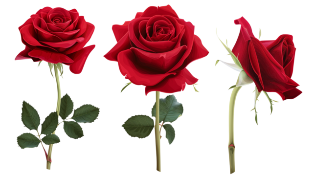 set of red rose flowers, isolated on transparent background