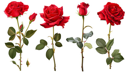 set of red roses isolated on transparent background