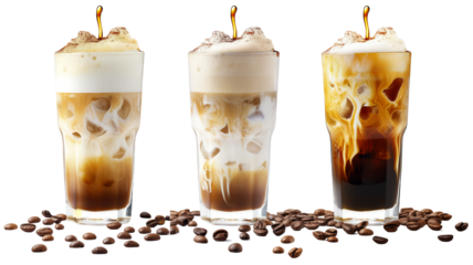 set of iced coffee with cold foam isolated on transparent background