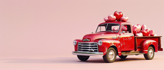 Red truck pickup full of red hearts on pink background with copy space. Happy Valentines Day banner design. Generative AI