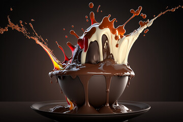 Hot melted raw dark testy chocolate cup cake decoration splashing picture