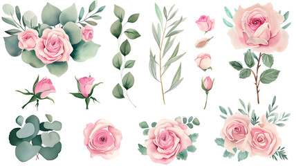 Watercolor elements pink roses, flowers, leaves, eucalyptus, branches set collection for wedding stationary, invitation card, greeting, wallpaper, fashion, isolated on transparent background - obrazy, fototapety, plakaty