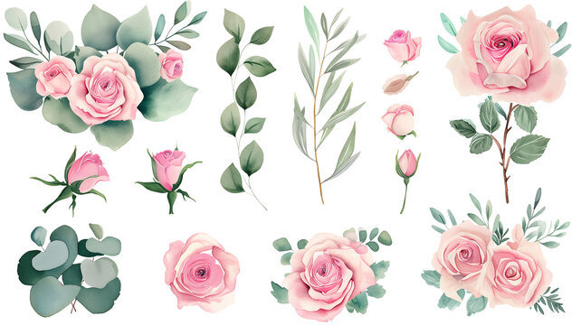 Watercolor elements pink roses, flowers, leaves, eucalyptus, branches set collection for wedding stationary, invitation card, greeting, wallpaper, fashion, isolated on transparent background © MDNANNU