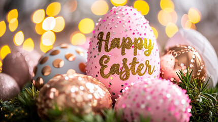 Obraz na płótnie Canvas Golden eggs on a shiny Easter background. Selective focus.