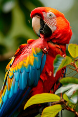 Fototapeta premium portrait of a macaw parrot in nature. Selective focus.