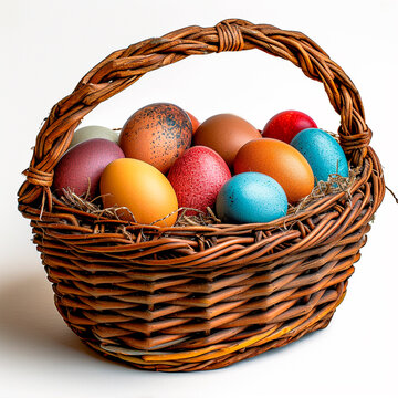Basket of Easter eggs on a white background, holy holiday of Easter - AI generated image