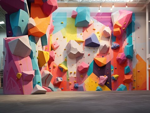 A large climbing wall with colorful rocks. Generative AI.