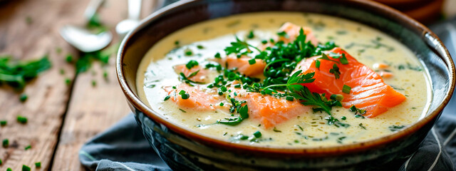 Norwegian cream soup with salmon. Selective focus.